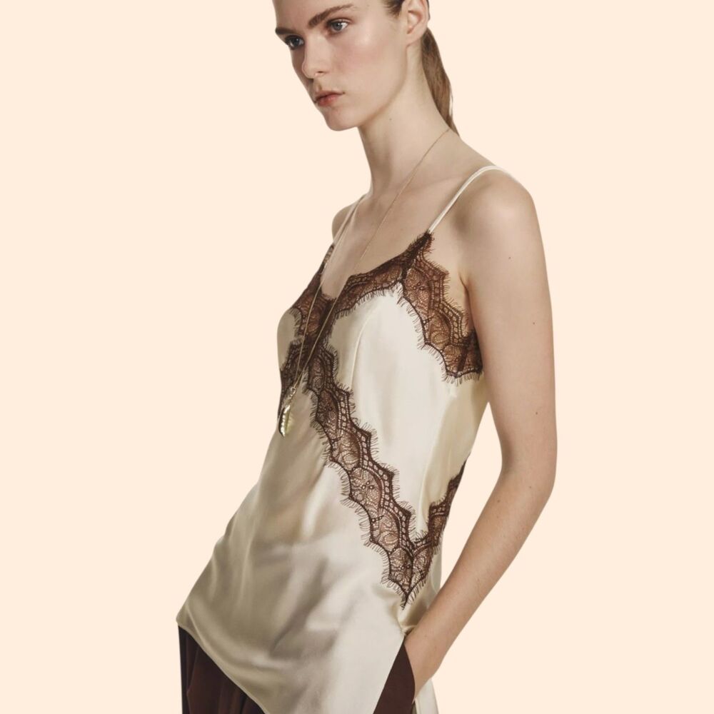 Massimo Dutti Cream Satin Lace-Trim Slip Tank